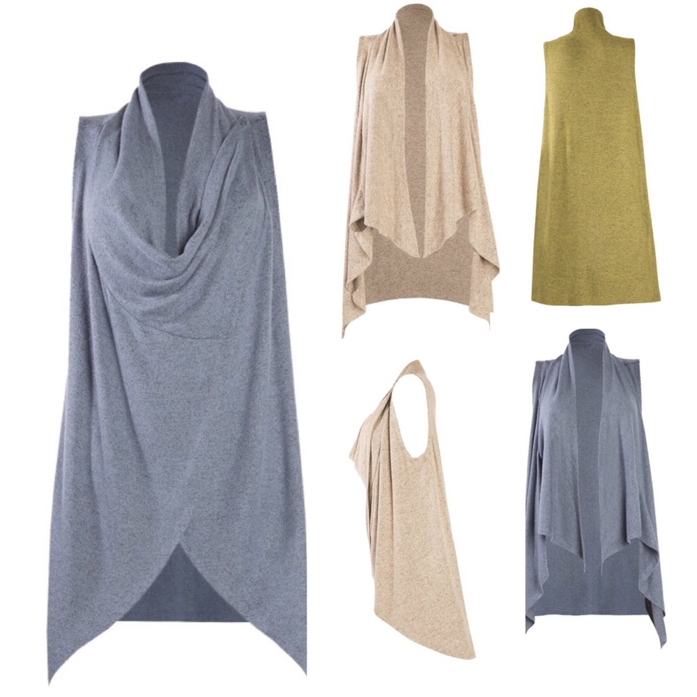 Versatile Long Draped Cardigan Vest Blue Tan